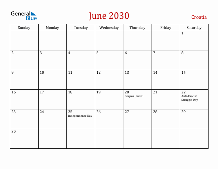 Croatia June 2030 Calendar - Sunday Start