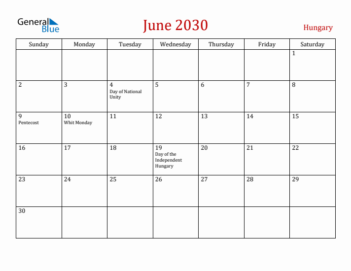 Hungary June 2030 Calendar - Sunday Start