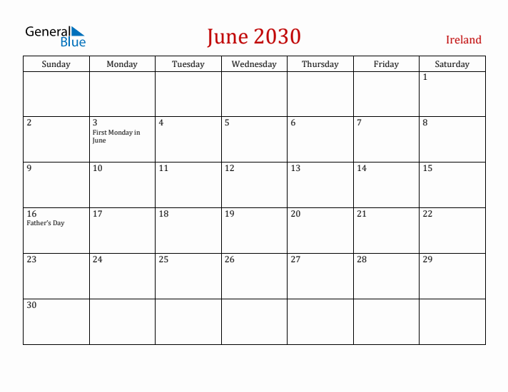 Ireland June 2030 Calendar - Sunday Start