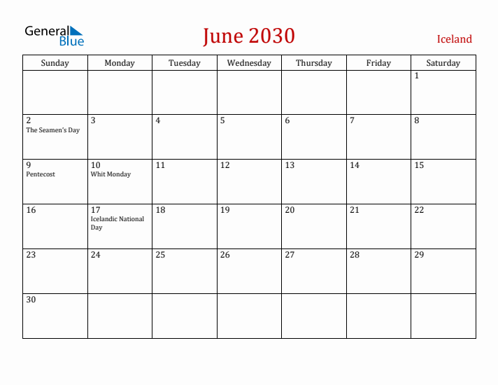 Iceland June 2030 Calendar - Sunday Start