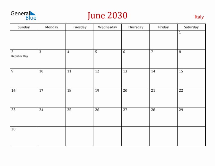 Italy June 2030 Calendar - Sunday Start