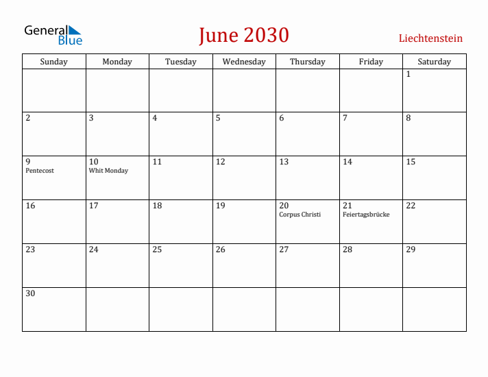 Liechtenstein June 2030 Calendar - Sunday Start