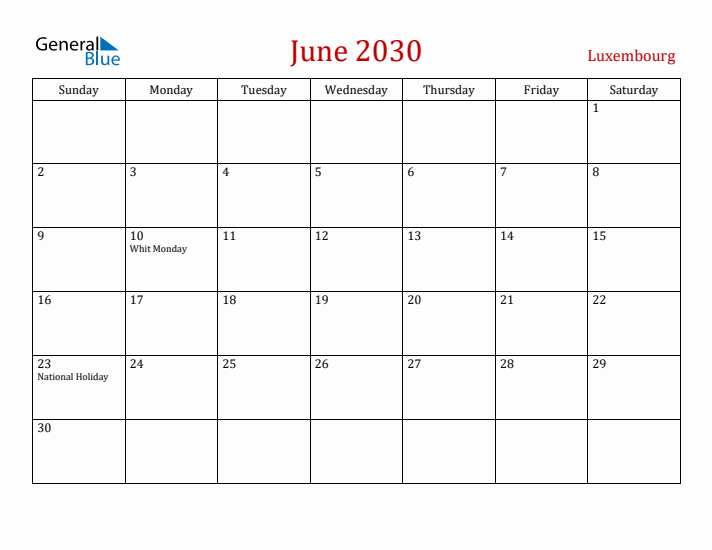 Luxembourg June 2030 Calendar - Sunday Start