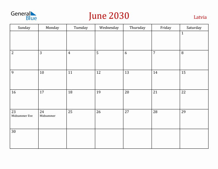 Latvia June 2030 Calendar - Sunday Start