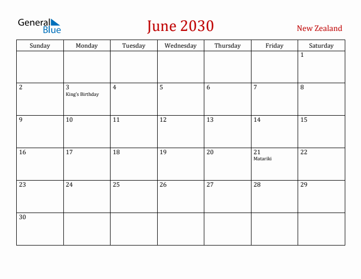 New Zealand June 2030 Calendar - Sunday Start