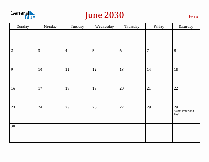 Peru June 2030 Calendar - Sunday Start