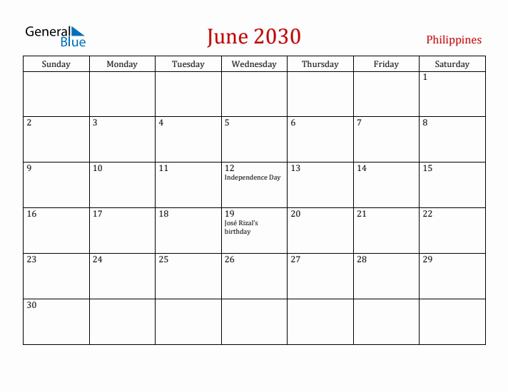 Philippines June 2030 Calendar - Sunday Start