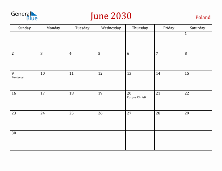 Poland June 2030 Calendar - Sunday Start