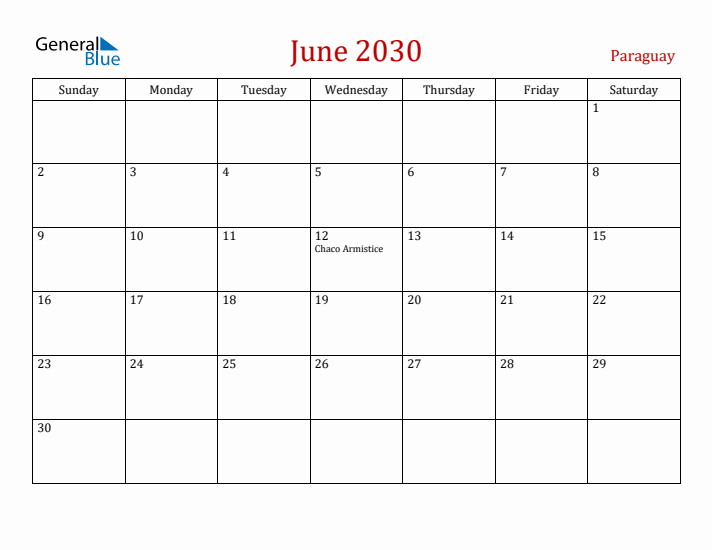 Paraguay June 2030 Calendar - Sunday Start