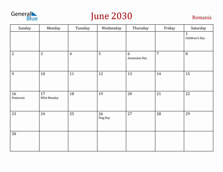 Romania June 2030 Calendar - Sunday Start