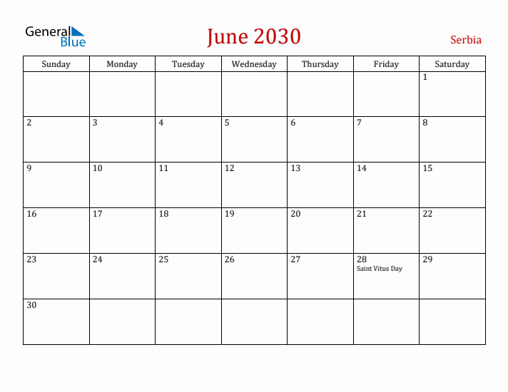 Serbia June 2030 Calendar - Sunday Start