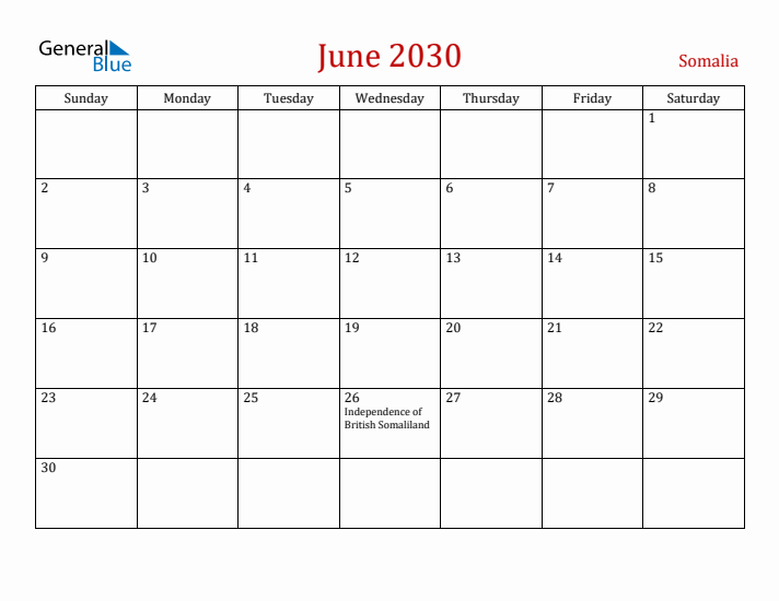 Somalia June 2030 Calendar - Sunday Start