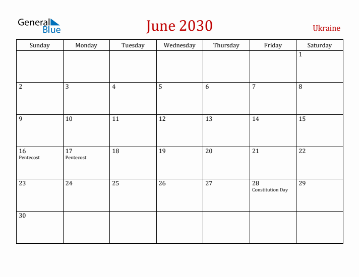 Ukraine June 2030 Calendar - Sunday Start