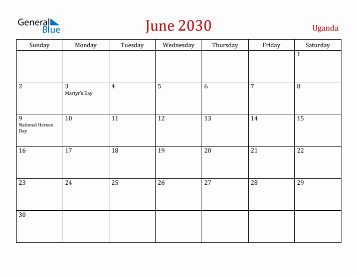 Uganda June 2030 Calendar - Sunday Start