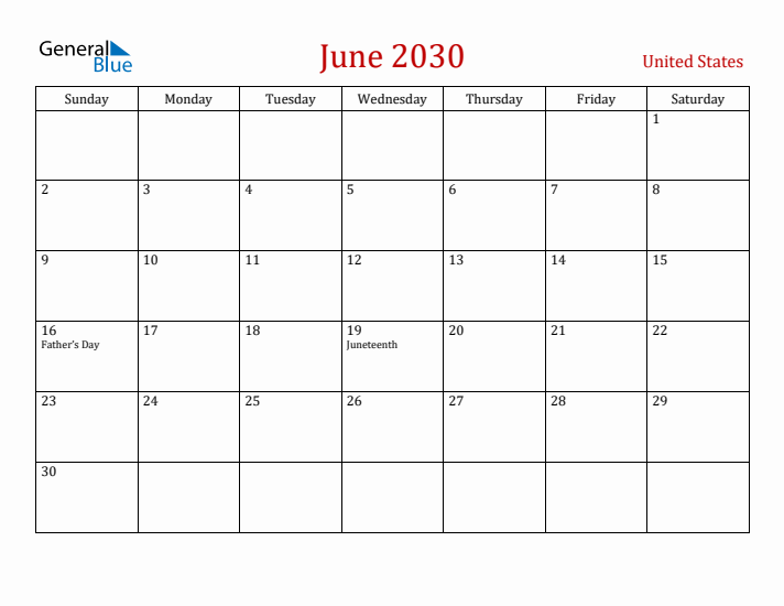 United States June 2030 Calendar - Sunday Start