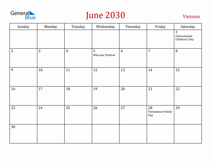 Vietnam June 2030 Calendar - Sunday Start