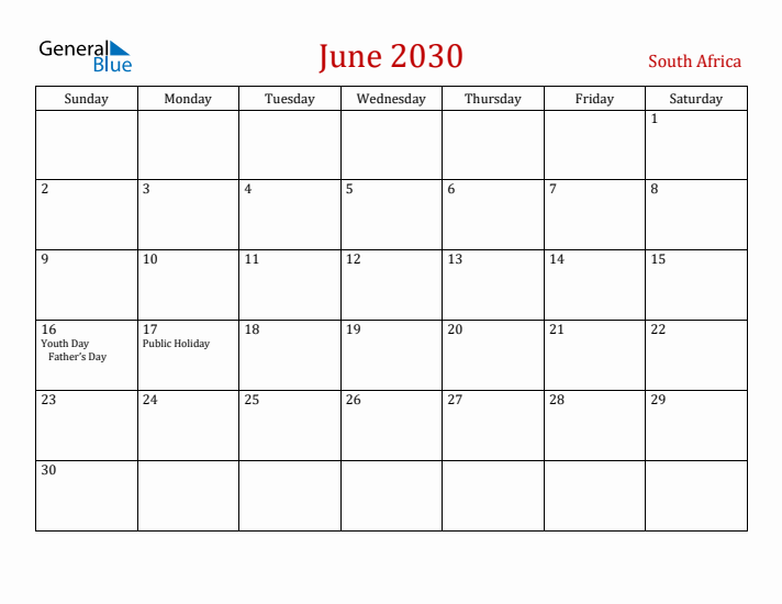 South Africa June 2030 Calendar - Sunday Start