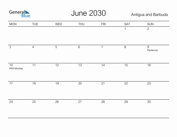 Printable June 2030 Calendar for Antigua and Barbuda