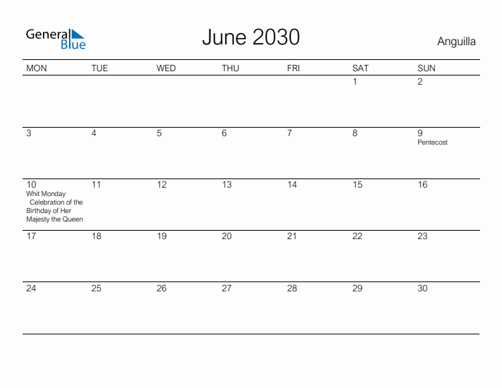 Printable June 2030 Calendar for Anguilla