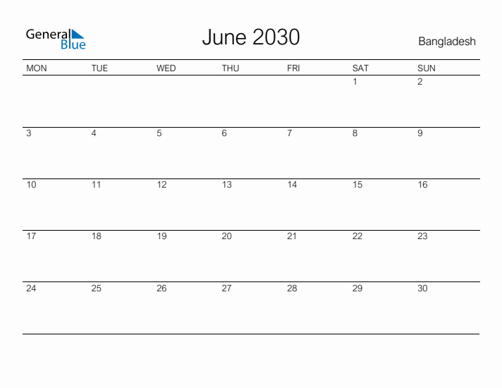 Printable June 2030 Calendar for Bangladesh