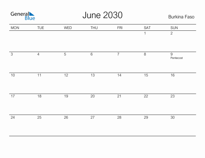 Printable June 2030 Calendar for Burkina Faso
