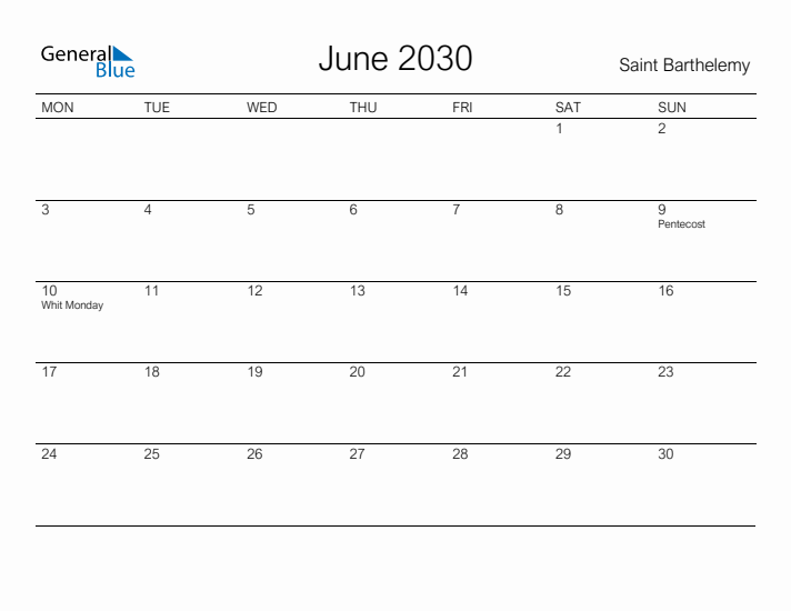 Printable June 2030 Calendar for Saint Barthelemy