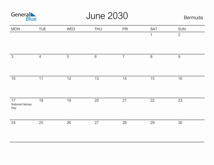 Printable June 2030 Calendar for Bermuda