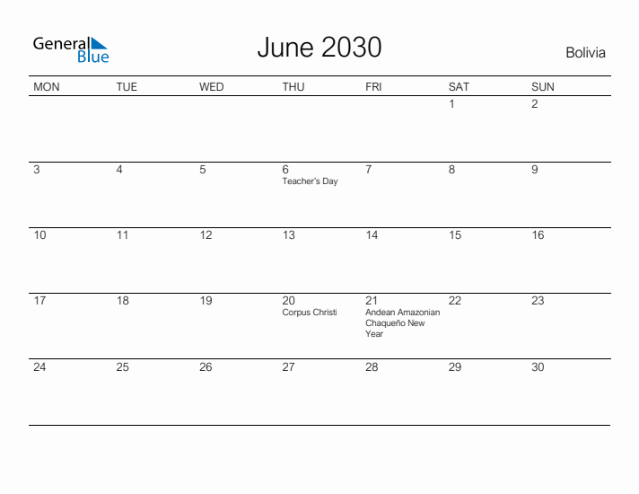 Printable June 2030 Calendar for Bolivia