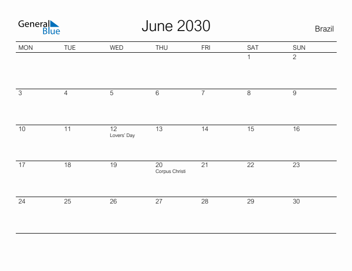 Printable June 2030 Calendar for Brazil
