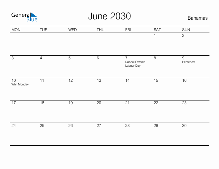 Printable June 2030 Calendar for Bahamas