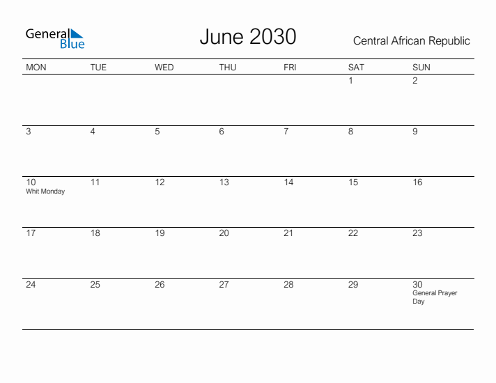 Printable June 2030 Calendar for Central African Republic