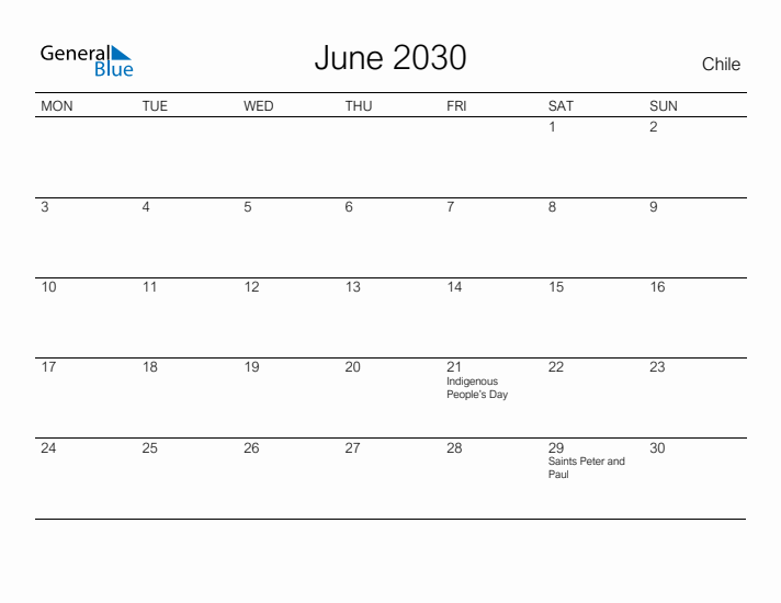 Printable June 2030 Calendar for Chile