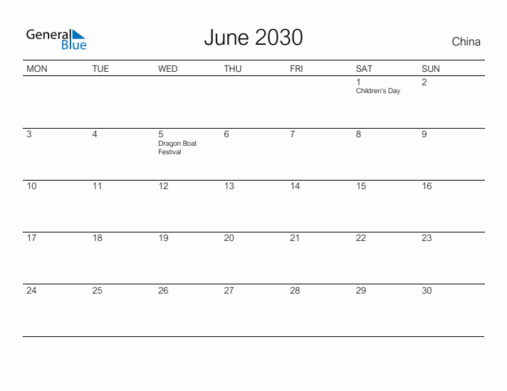 Printable June 2030 Calendar for China