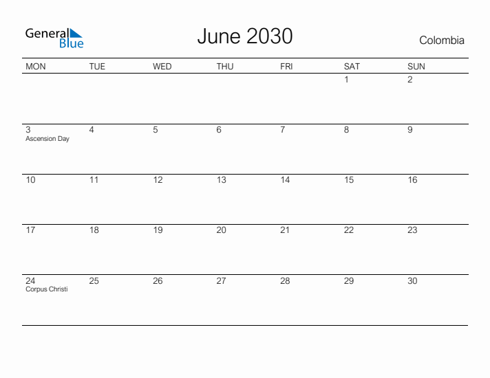 Printable June 2030 Calendar for Colombia