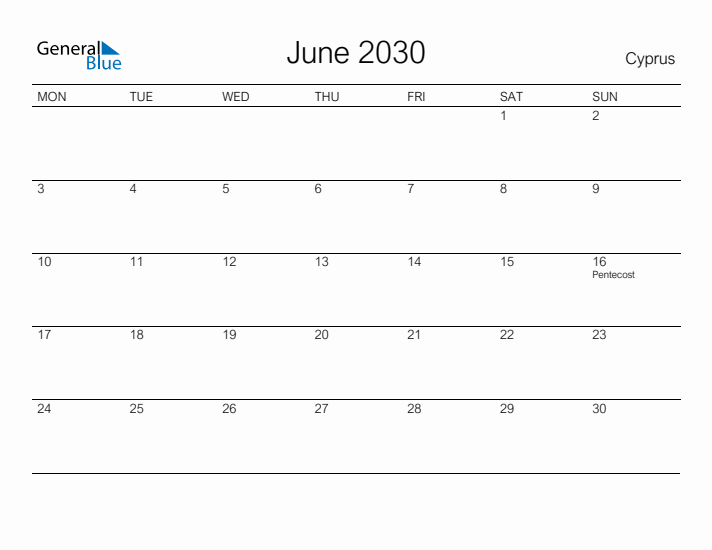 Printable June 2030 Calendar for Cyprus