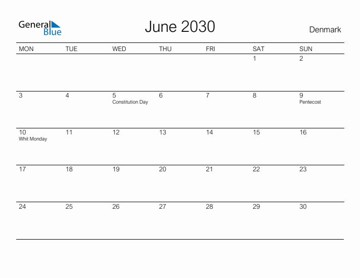 Printable June 2030 Calendar for Denmark