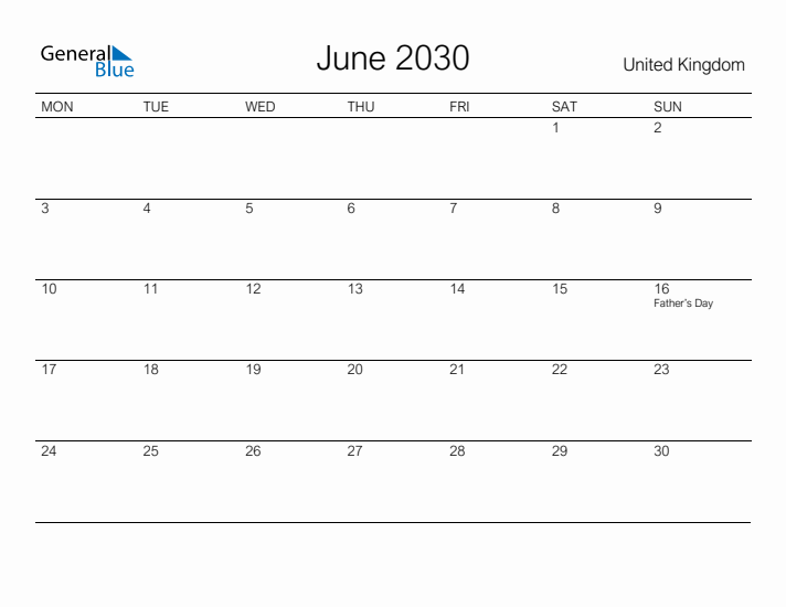 Printable June 2030 Calendar for United Kingdom
