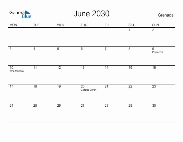 Printable June 2030 Calendar for Grenada
