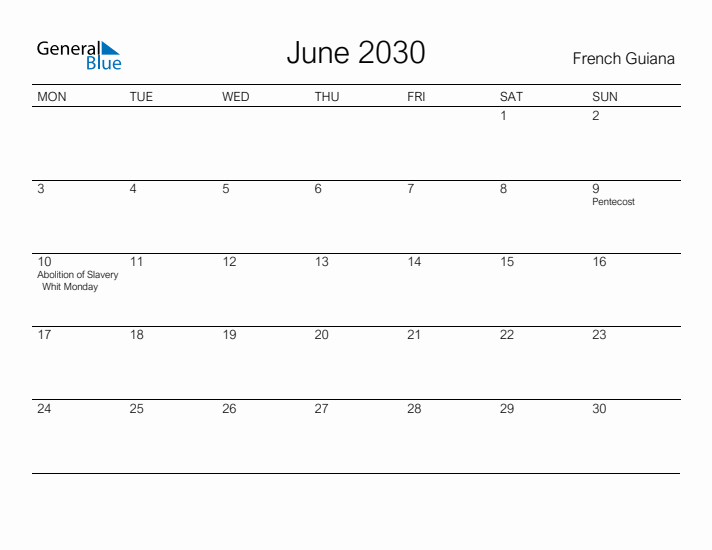 Printable June 2030 Calendar for French Guiana