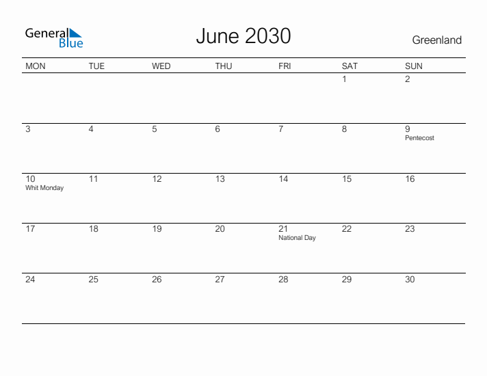 Printable June 2030 Calendar for Greenland