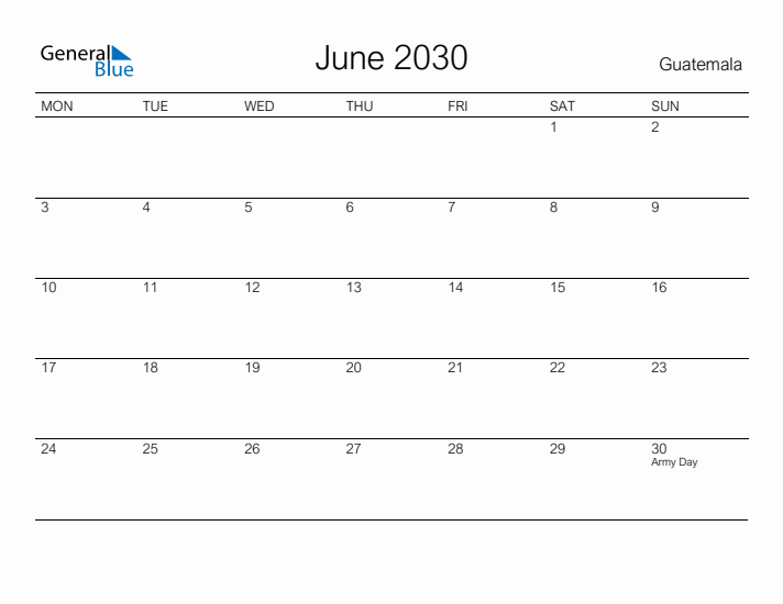 Printable June 2030 Calendar for Guatemala
