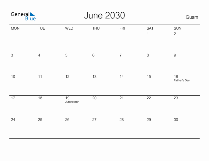 Printable June 2030 Calendar for Guam