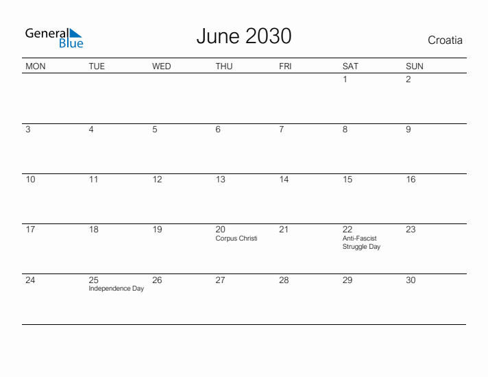 Printable June 2030 Calendar for Croatia