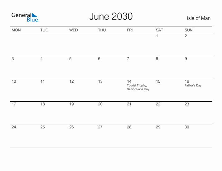 Printable June 2030 Calendar for Isle of Man
