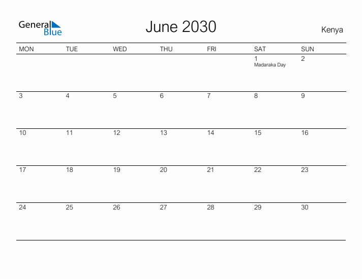 Printable June 2030 Calendar for Kenya