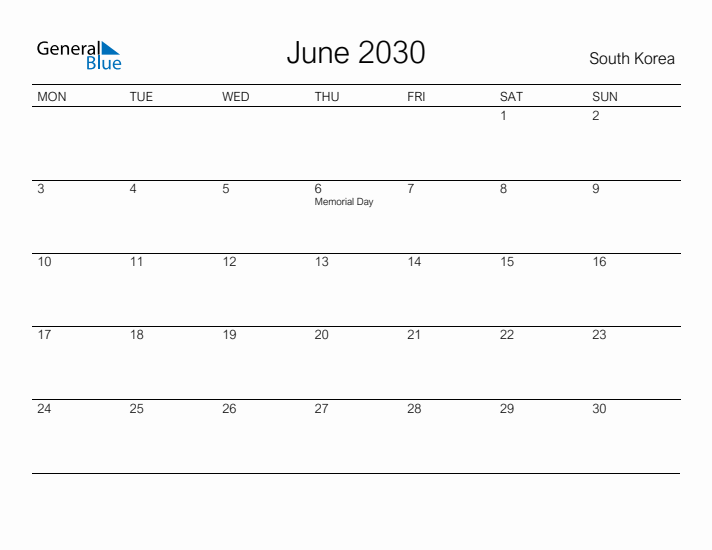 Printable June 2030 Calendar for South Korea