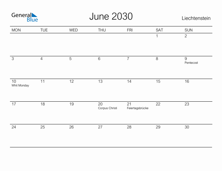Printable June 2030 Calendar for Liechtenstein