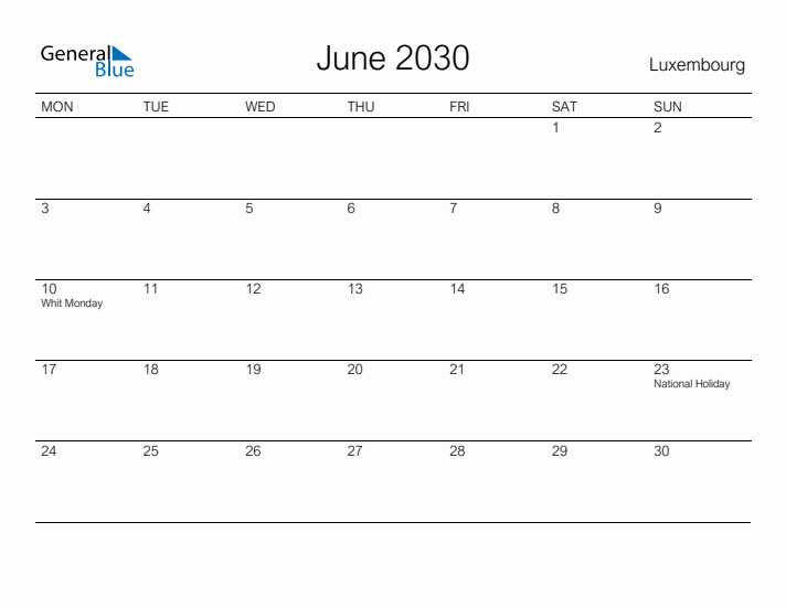 Printable June 2030 Calendar for Luxembourg