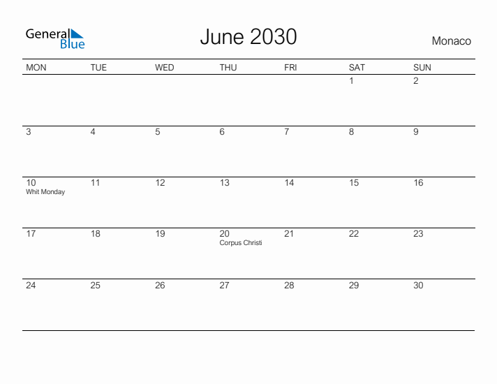 Printable June 2030 Calendar for Monaco