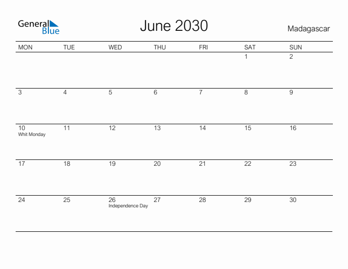 Printable June 2030 Calendar for Madagascar